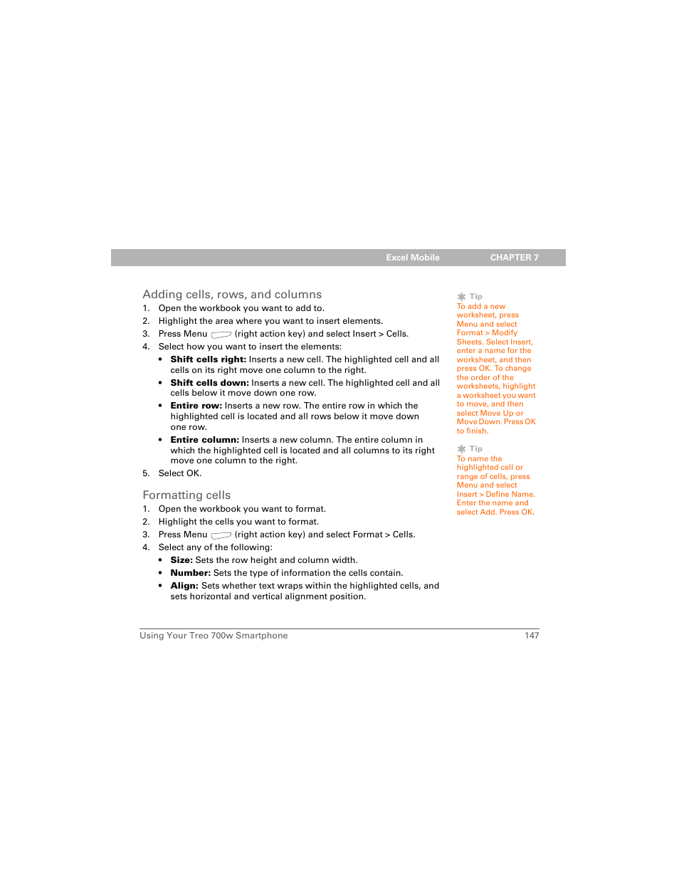 Adding cells, rows, and columns, Formatting cells | Palm 700w User Manual | Page 155 / 290
