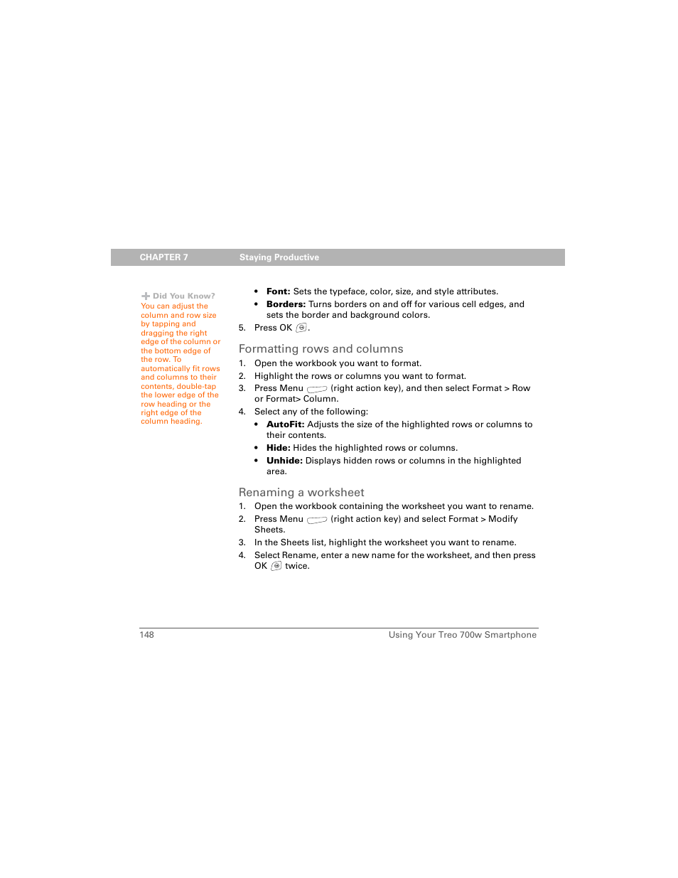 Formatting rows and columns, Renaming a worksheet | Palm 700w User Manual | Page 156 / 290
