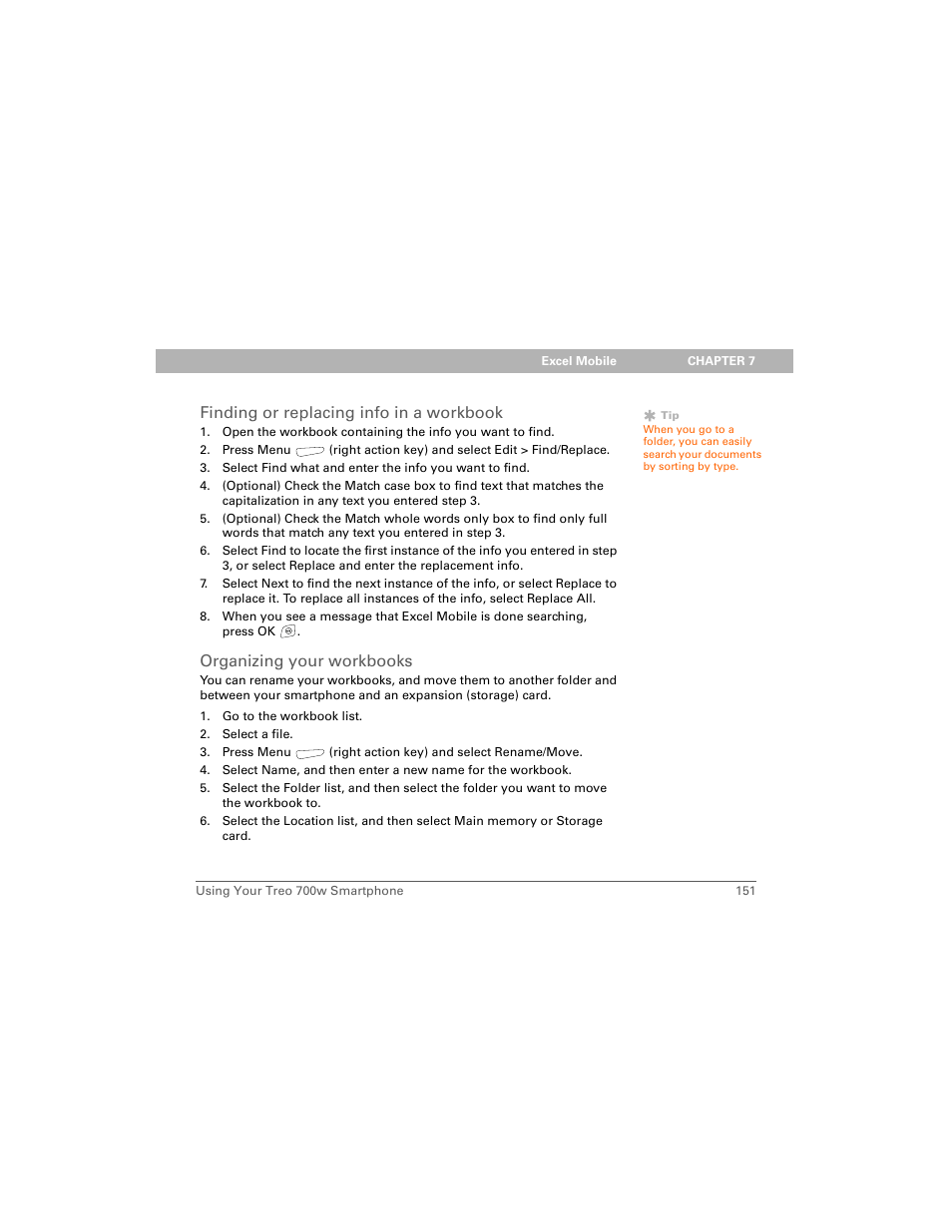Finding or replacing info in a workbook, Organizing your workbooks | Palm 700w User Manual | Page 159 / 290