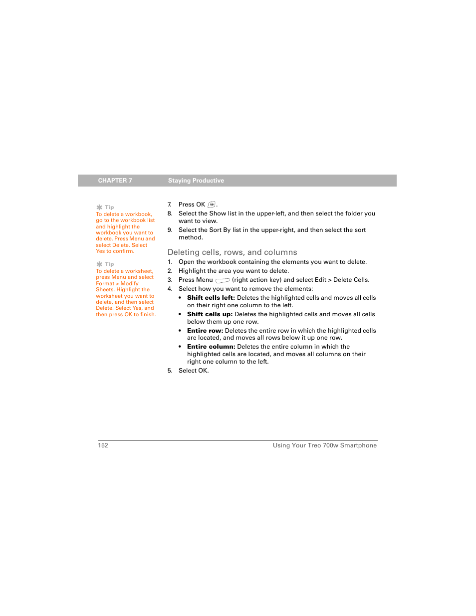 Deleting cells, rows, and columns | Palm 700w User Manual | Page 160 / 290