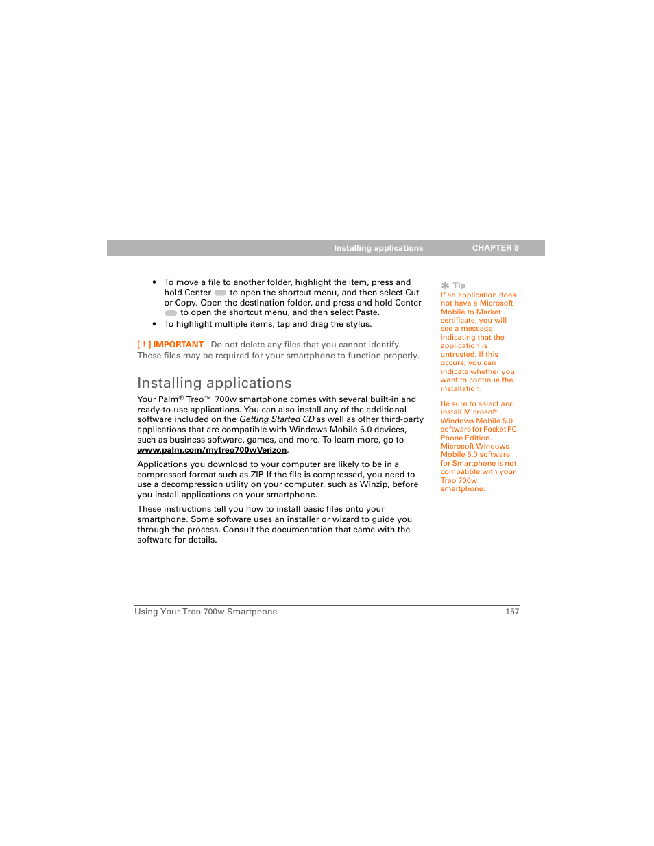 Installing applications | Palm 700w User Manual | Page 165 / 290