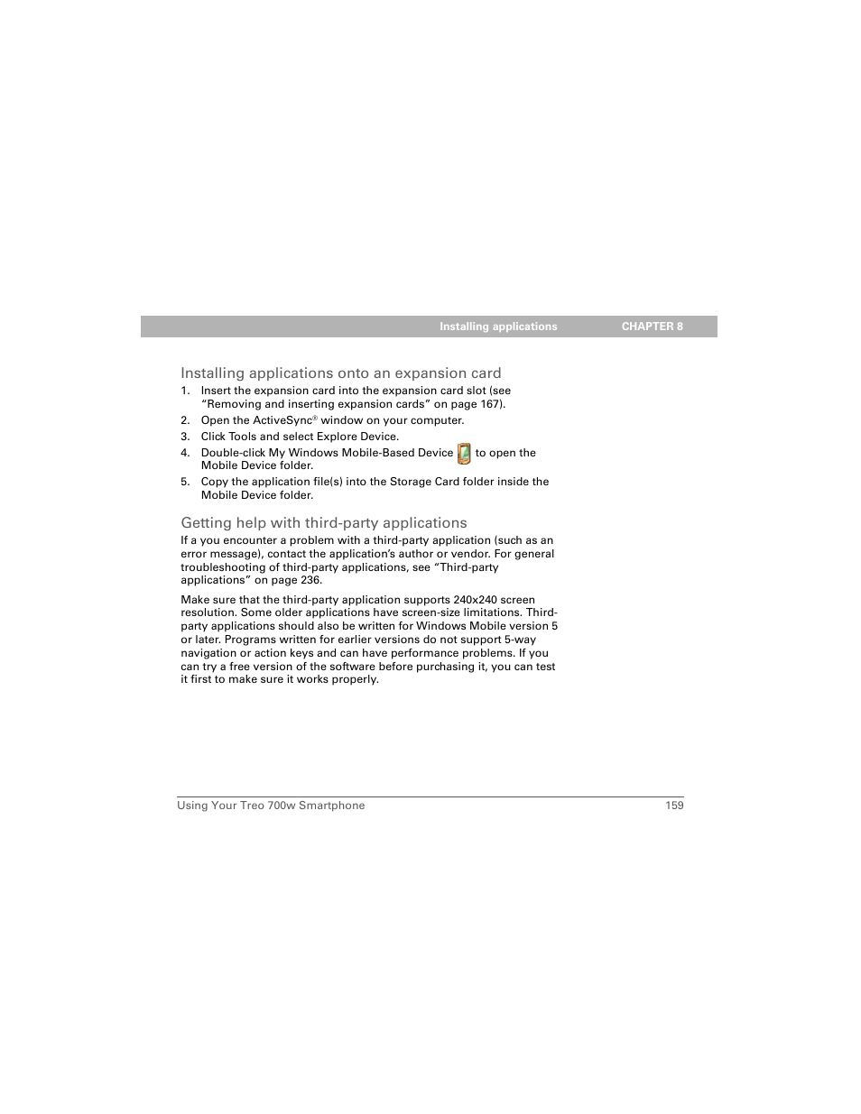 Installing applications onto an expansion card, Getting help with third-party applications | Palm 700w User Manual | Page 167 / 290