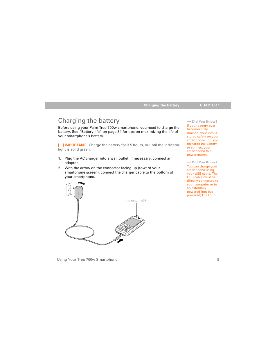 Charging the battery | Palm 700w User Manual | Page 17 / 290