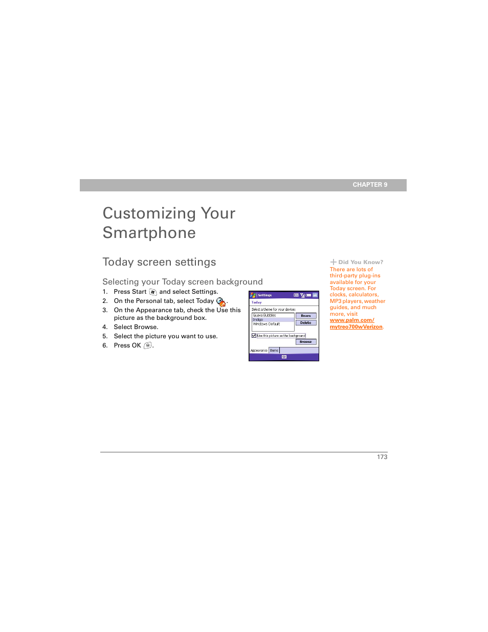 Customizing your smartphone, Today screen settings, Selecting your today screen background | Chapter 9: customizing your smartphone | Palm 700w User Manual | Page 181 / 290