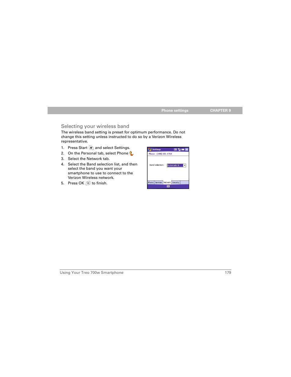 Selecting your wireless band | Palm 700w User Manual | Page 187 / 290