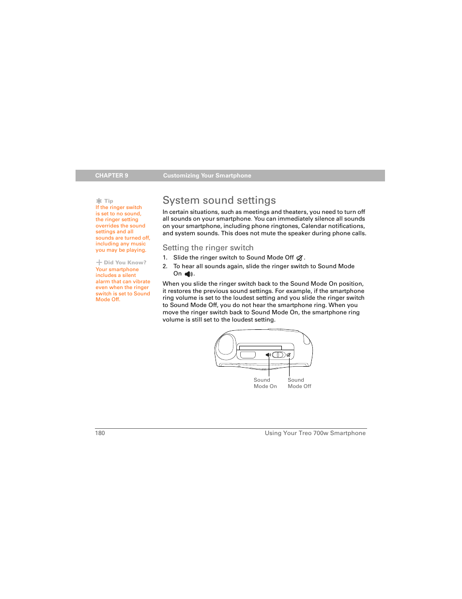 System sound settings, Setting the ringer switch | Palm 700w User Manual | Page 188 / 290