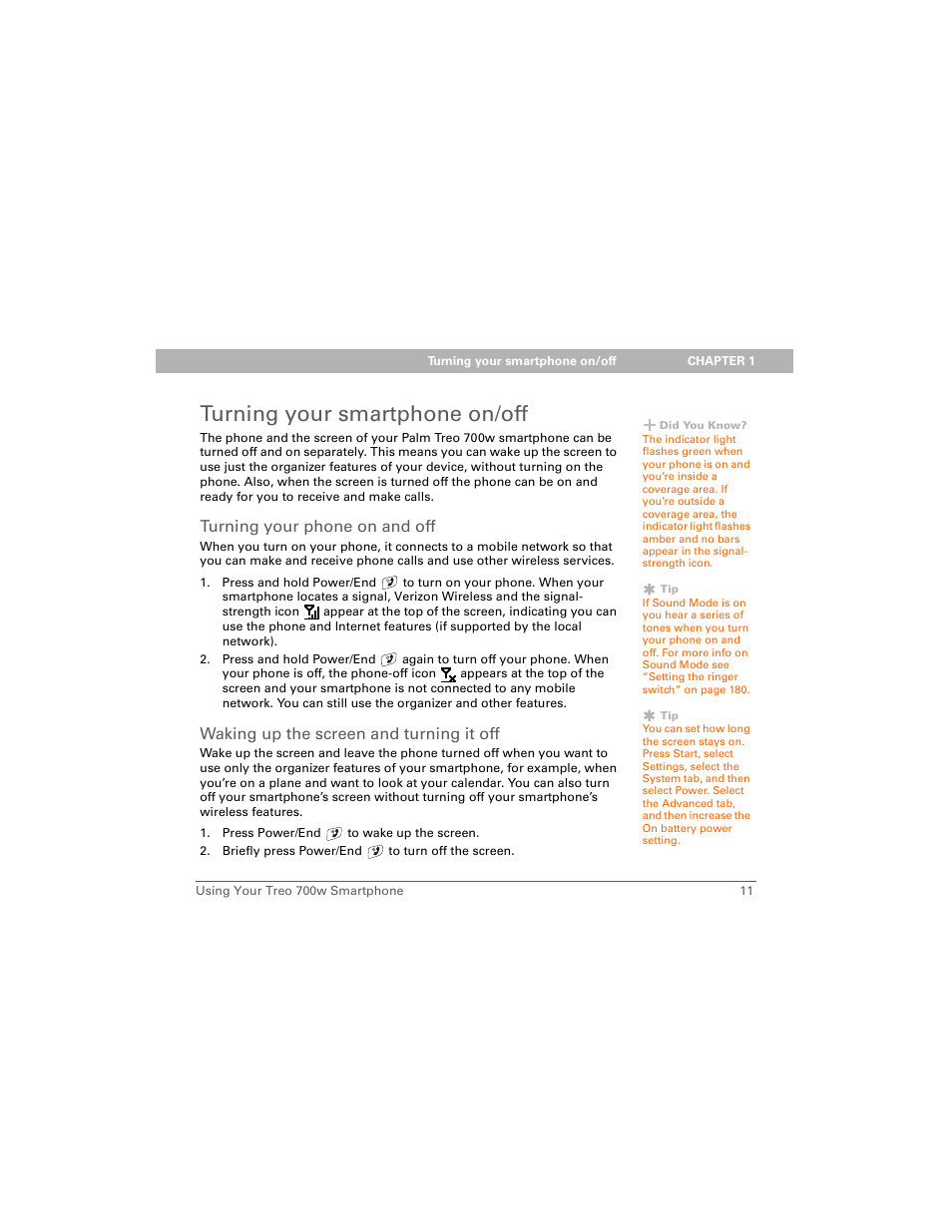 Turning your smartphone on/off, Turning your phone on and off, Waking up the screen and turning it off | Palm 700w User Manual | Page 19 / 290