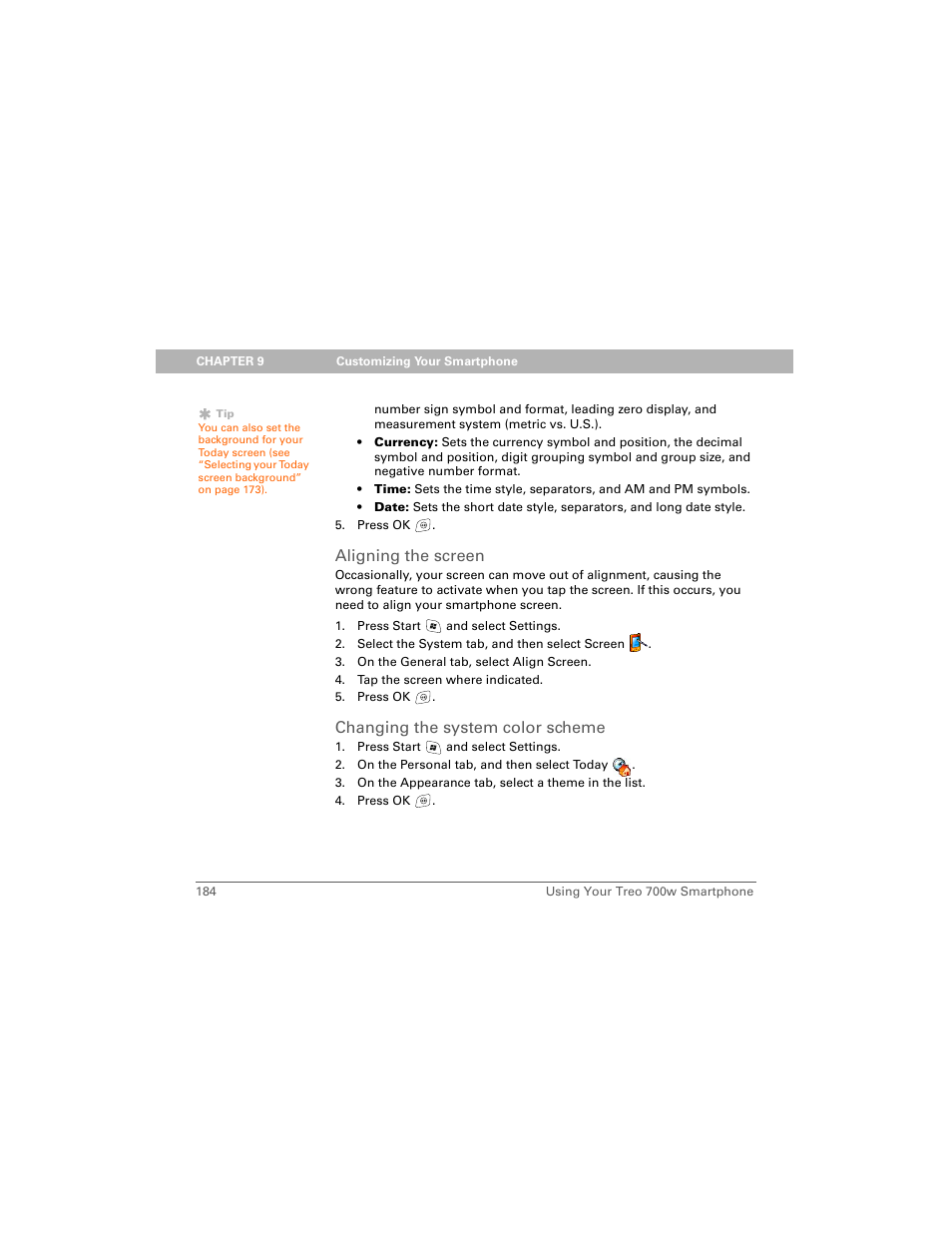 Aligning the screen, Changing the system color scheme | Palm 700w User Manual | Page 192 / 290