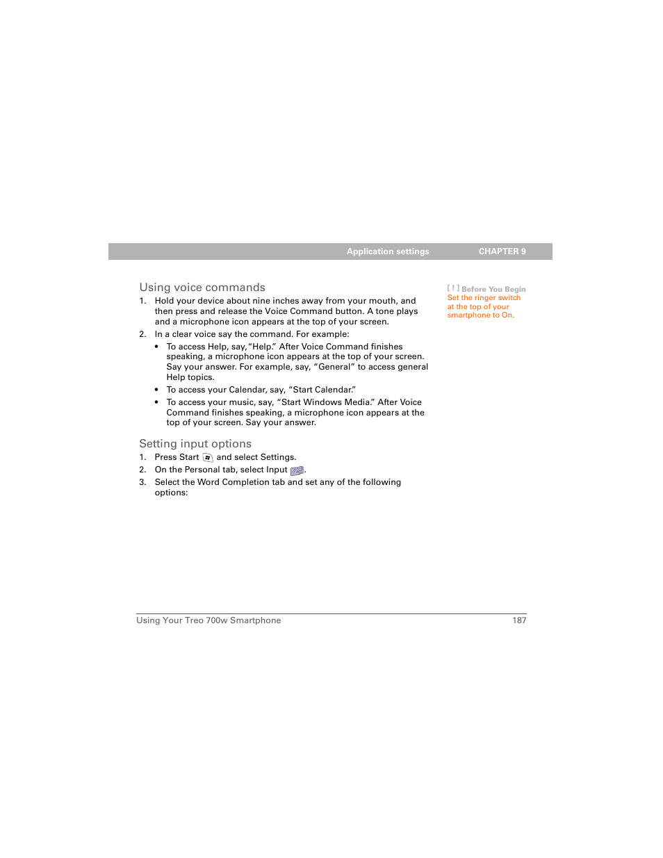 Using voice commands, Setting input options | Palm 700w User Manual | Page 195 / 290