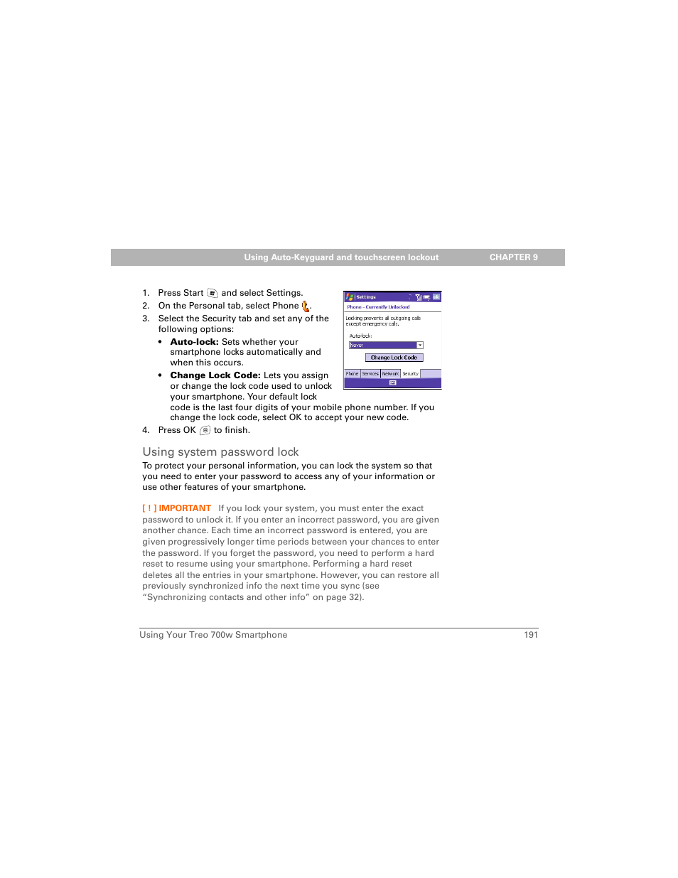 Using system password lock | Palm 700w User Manual | Page 199 / 290