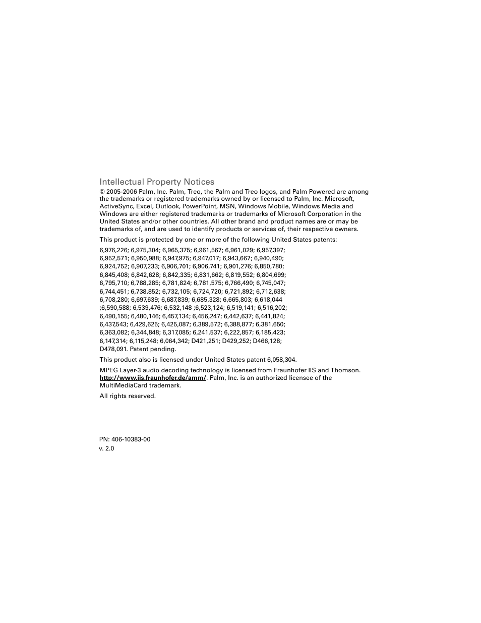 Intellectual property notices | Palm 700w User Manual | Page 2 / 290
