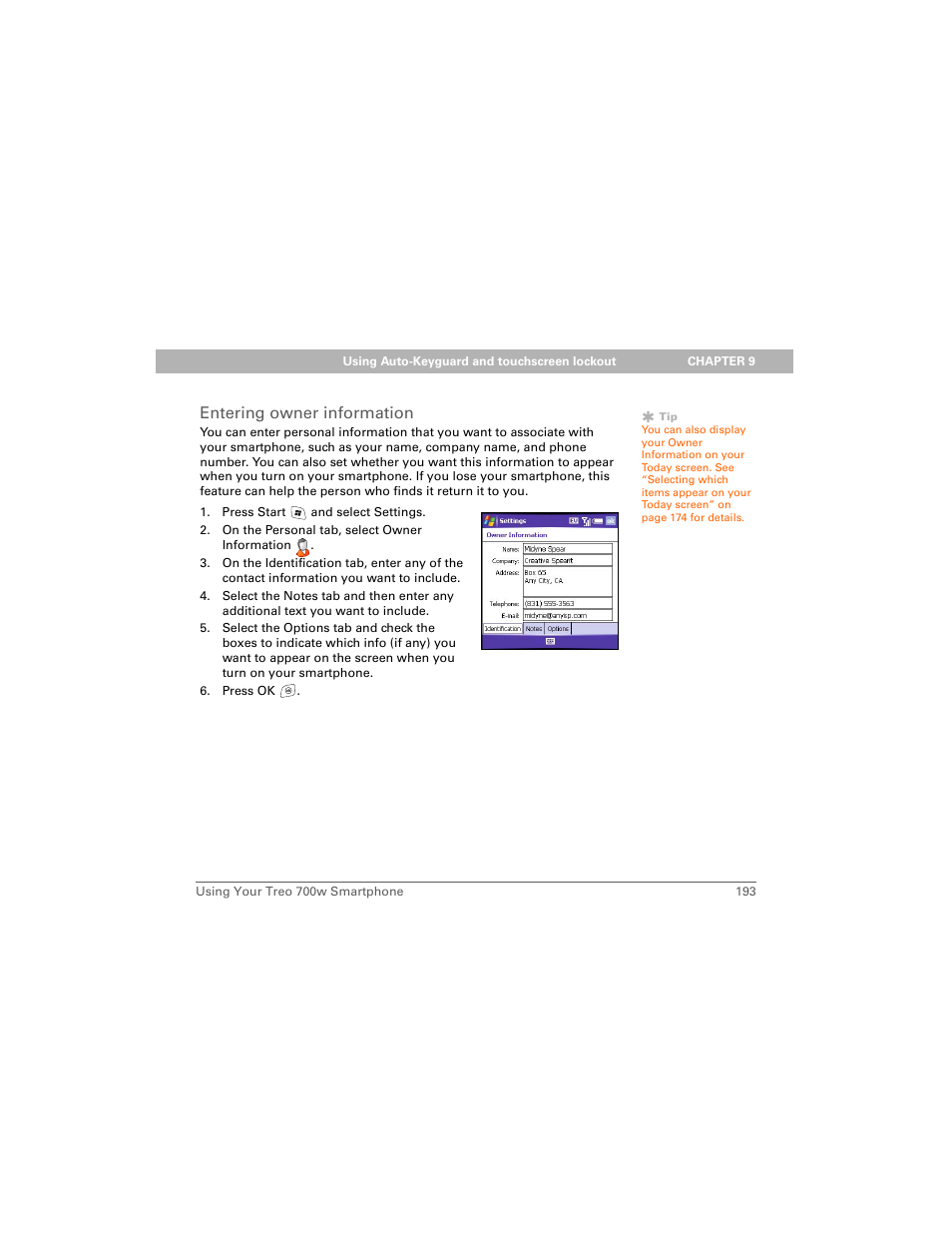 Entering owner information | Palm 700w User Manual | Page 201 / 290