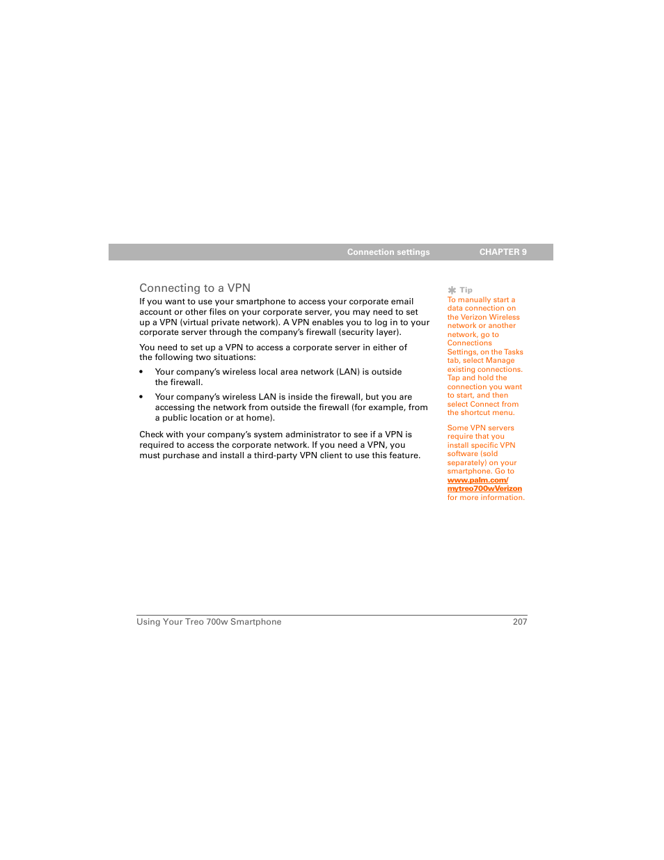 Connecting to a vpn | Palm 700w User Manual | Page 215 / 290
