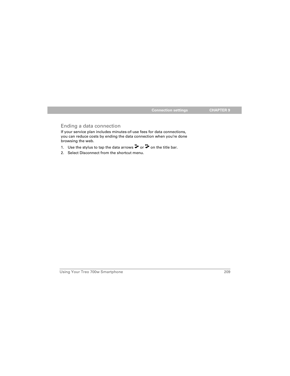 Ending a data connection | Palm 700w User Manual | Page 217 / 290