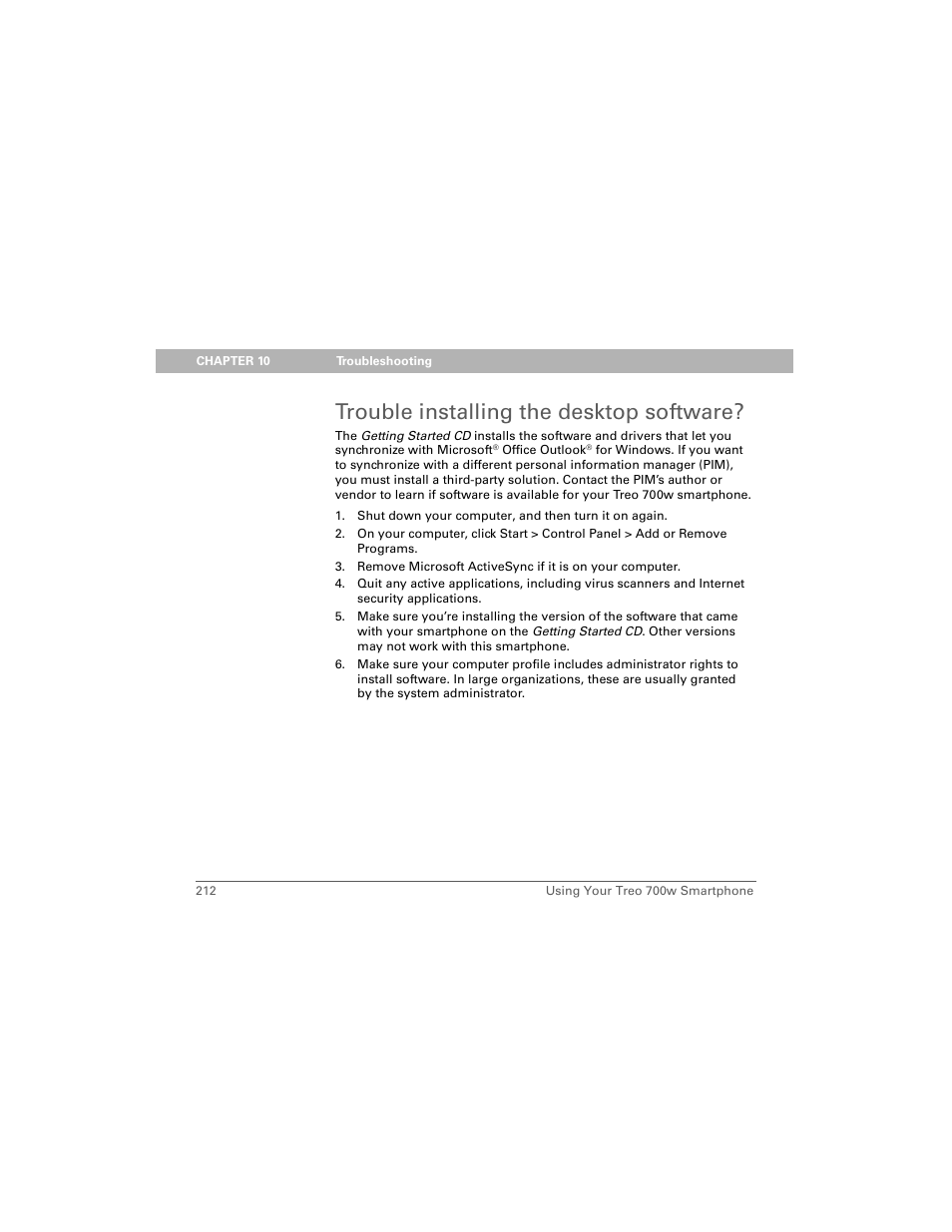 Trouble installing the desktop software | Palm 700w User Manual | Page 220 / 290