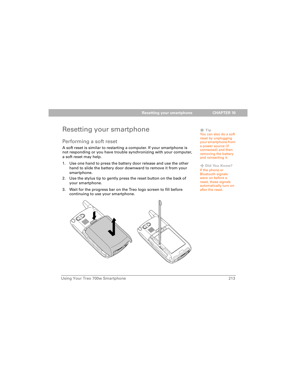 Resetting your smartphone, Performing a soft reset | Palm 700w User Manual | Page 221 / 290