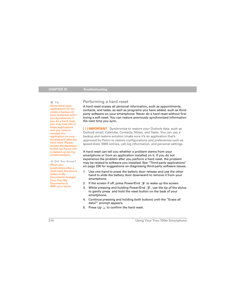 Performing a hard reset | Palm 700w User Manual | Page 222 / 290