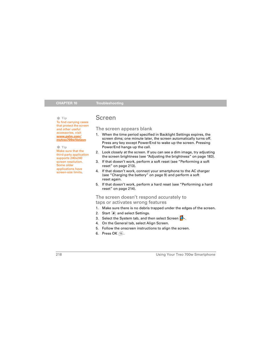 Screen, The screen appears blank | Palm 700w User Manual | Page 226 / 290