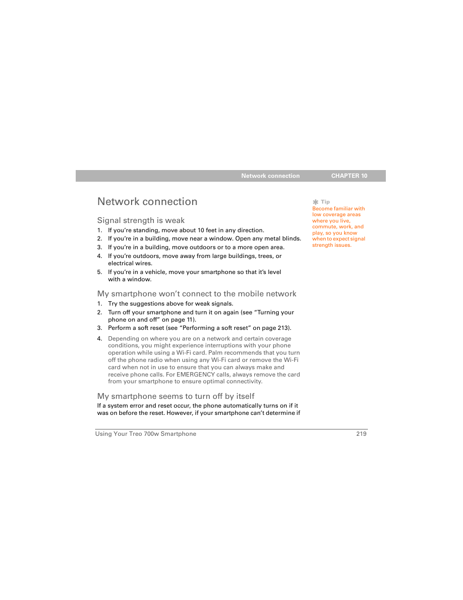 Network connection, Signal strength is weak, My smartphone won’t connect to the mobile network | My smartphone seems to turn off by itself | Palm 700w User Manual | Page 227 / 290