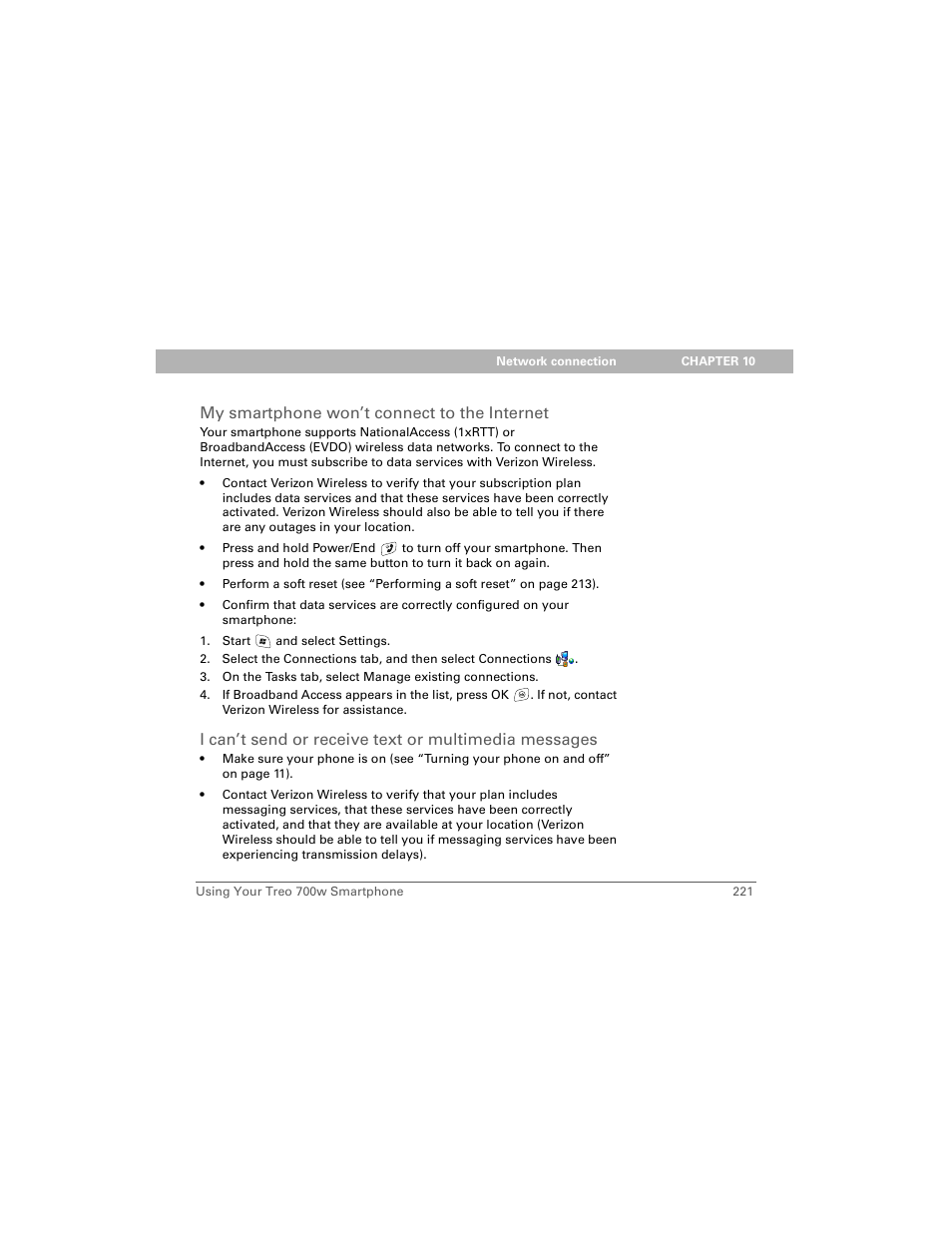 My smartphone won’t connect to the internet | Palm 700w User Manual | Page 229 / 290