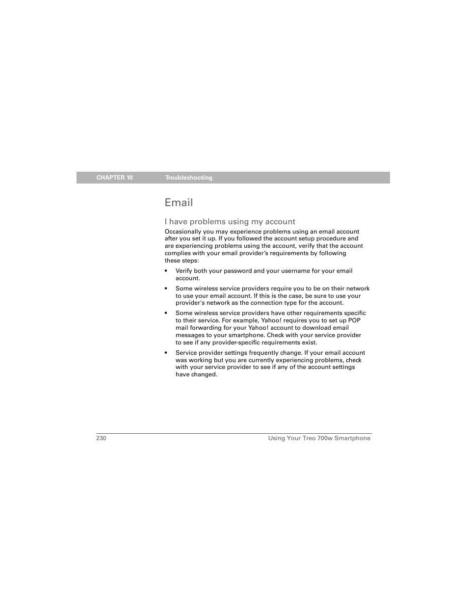 Email, I have problems using my account | Palm 700w User Manual | Page 238 / 290