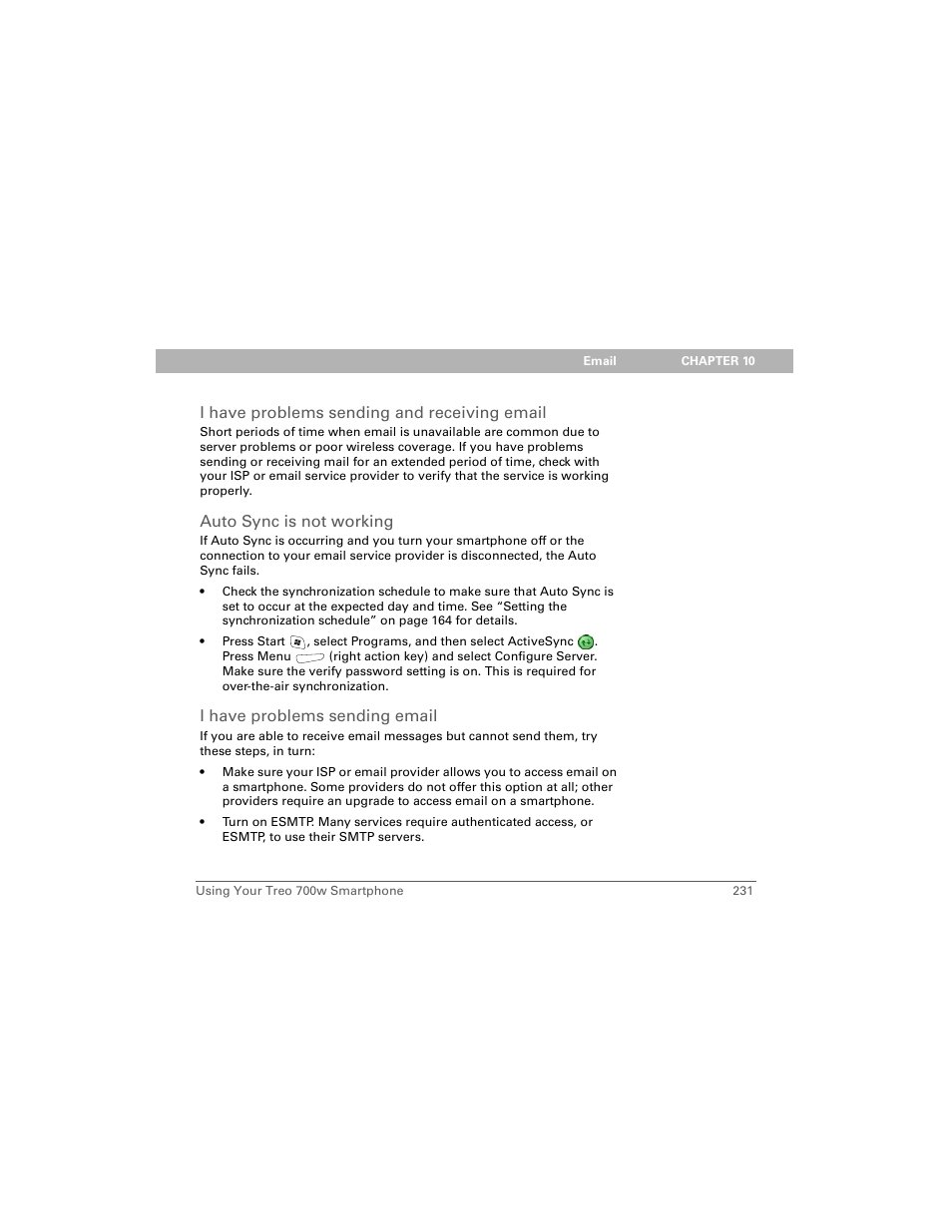 I have problems sending and receiving email, Auto sync is not working, I have problems sending email | Palm 700w User Manual | Page 239 / 290