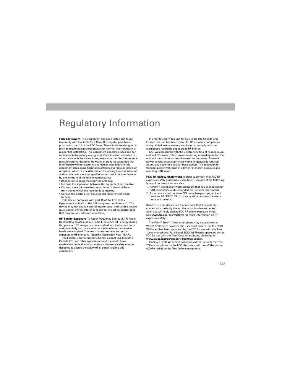 Regulatory information | Palm 700w User Manual | Page 253 / 290