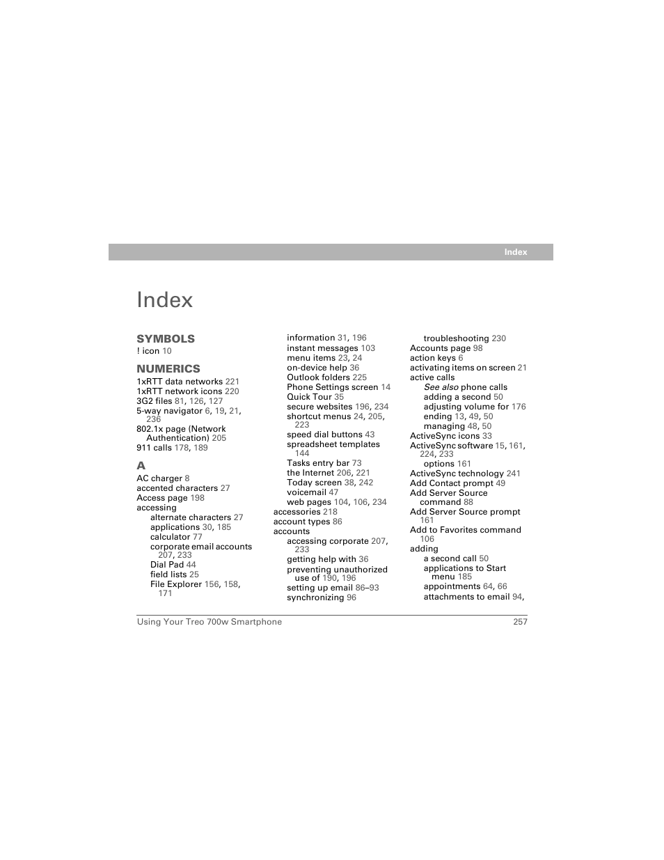 Index | Palm 700w User Manual | Page 265 / 290