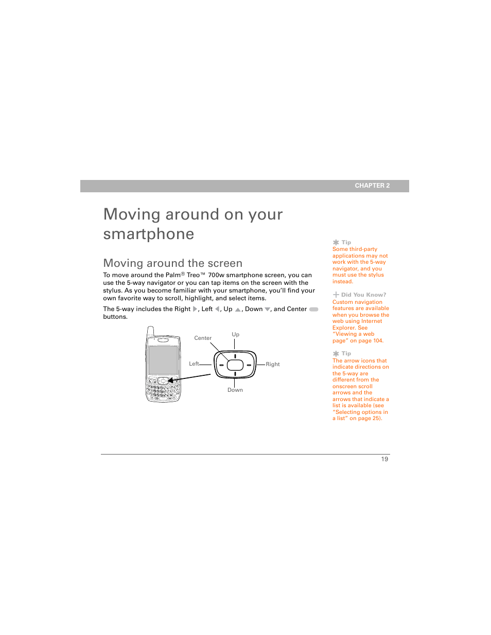Moving around on your smartphone, Moving around the screen, Chapter 2: moving around on your smartphone | Palm 700w User Manual | Page 27 / 290