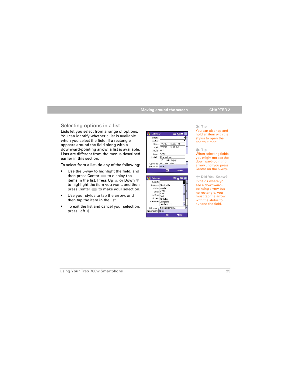 Selecting options in a list | Palm 700w User Manual | Page 33 / 290