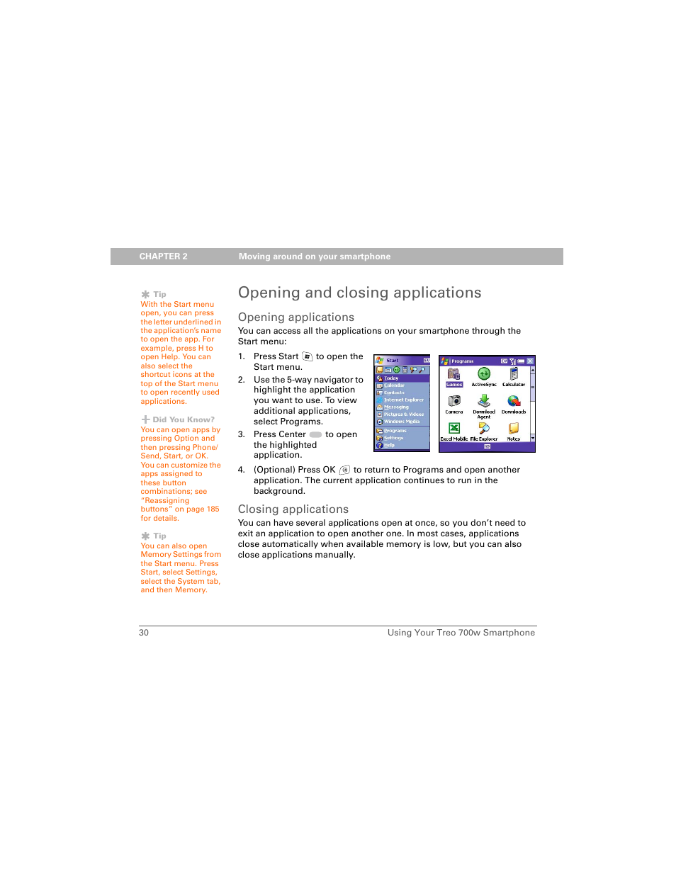 Opening and closing applications, Opening applications, Closing applications | Palm 700w User Manual | Page 38 / 290