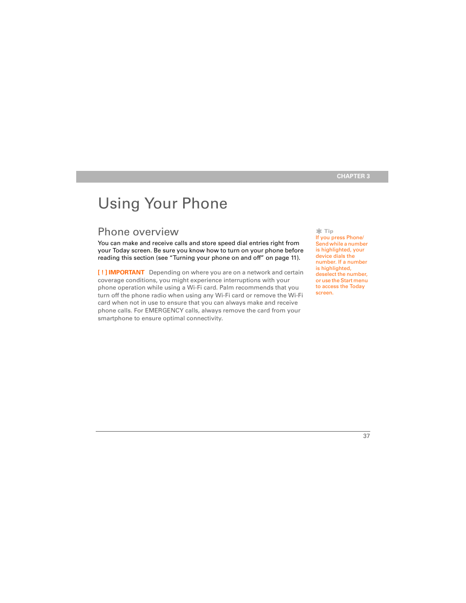 Using your phone, Phone overview, Chapter 3: using your phone | Palm 700w User Manual | Page 45 / 290