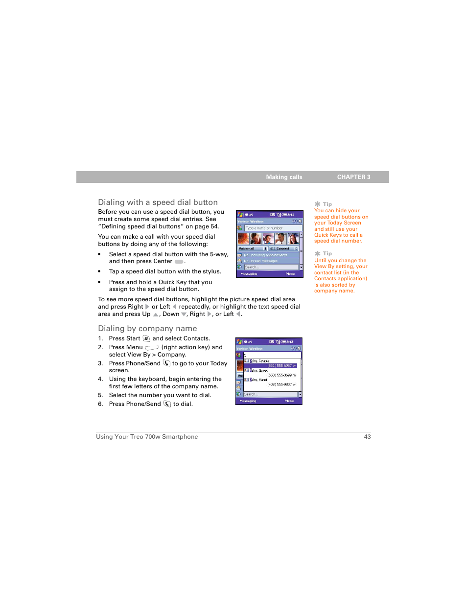 Dialing with a speed dial button, Dialing by company name | Palm 700w User Manual | Page 51 / 290