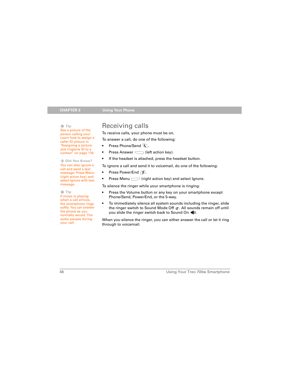 Receiving calls | Palm 700w User Manual | Page 54 / 290