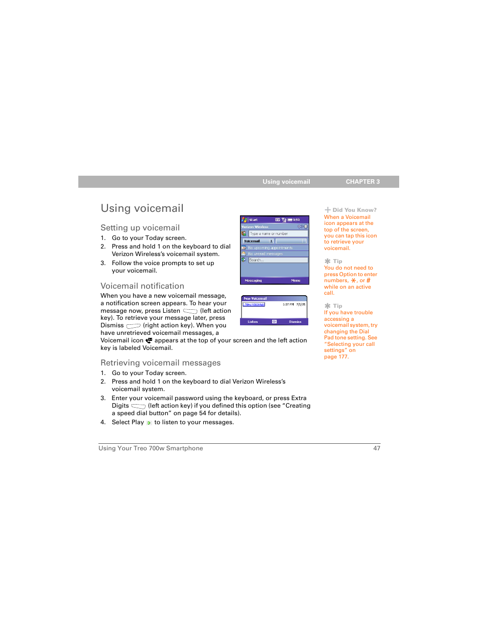 Using voicemail, Setting up voicemail, Voicemail notification | Retrieving voicemail messages | Palm 700w User Manual | Page 55 / 290