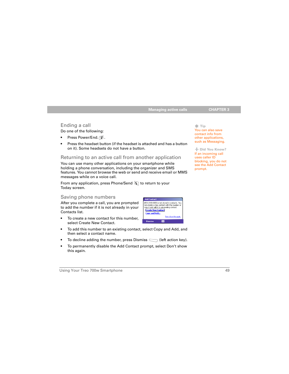 Ending a call, Saving phone numbers | Palm 700w User Manual | Page 57 / 290