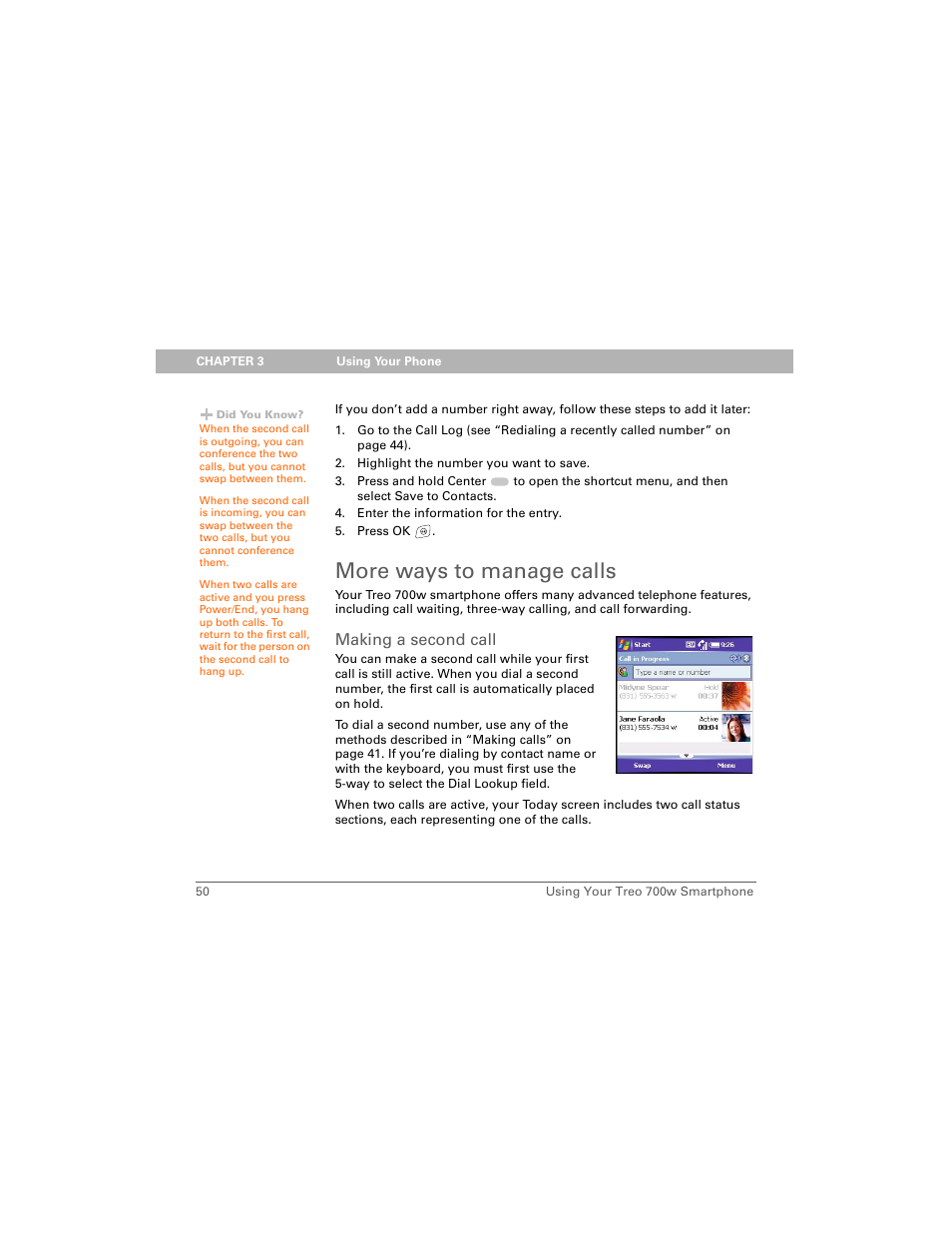 More ways to manage calls, Making a second call | Palm 700w User Manual | Page 58 / 290