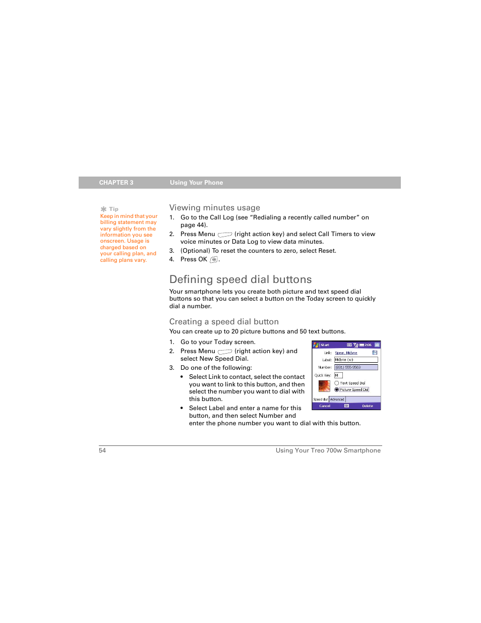 Viewing minutes usage, Defining speed dial buttons, Creating a speed dial button | Palm 700w User Manual | Page 62 / 290