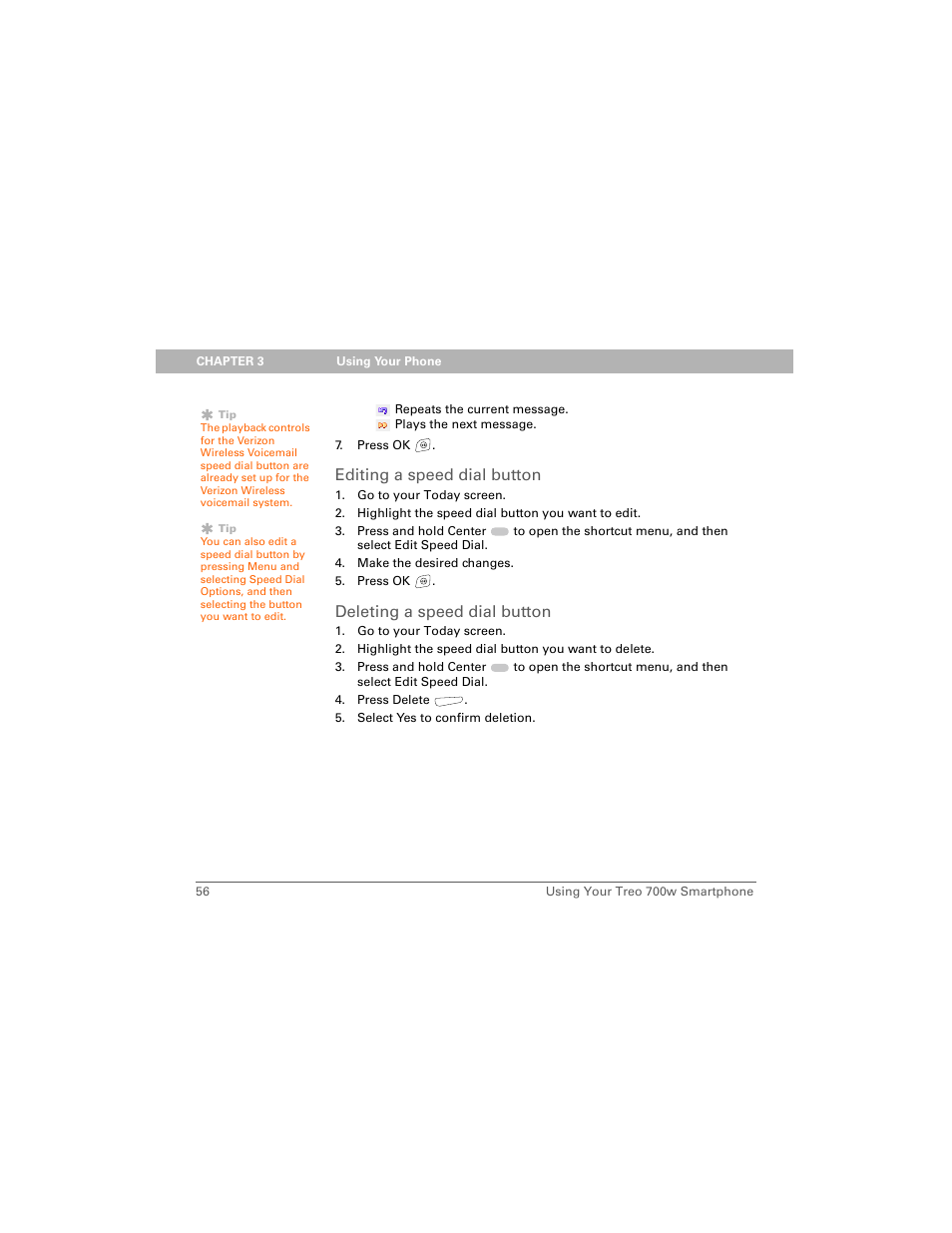 Editing a speed dial button, Deleting a speed dial button | Palm 700w User Manual | Page 64 / 290