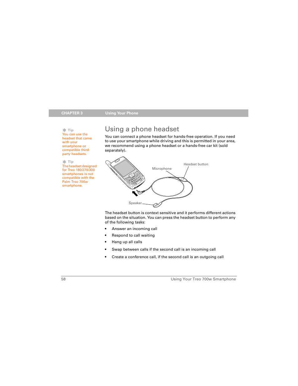 Using a phone headset | Palm 700w User Manual | Page 66 / 290