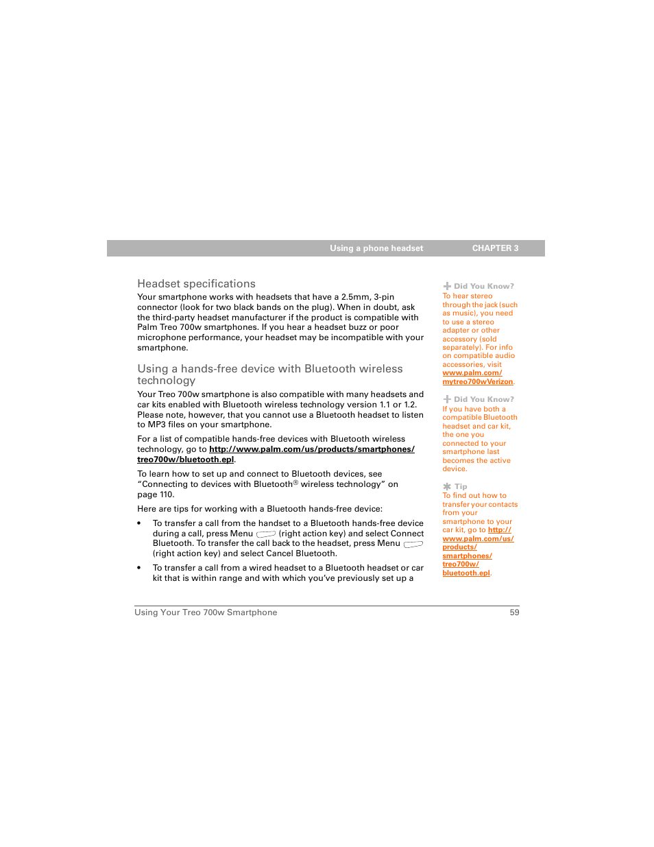 Headset specifications | Palm 700w User Manual | Page 67 / 290