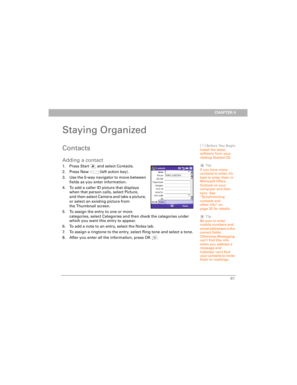 Staying organized, Contacts, Adding a contact | Chapter 4: staying organized | Palm 700w User Manual | Page 69 / 290