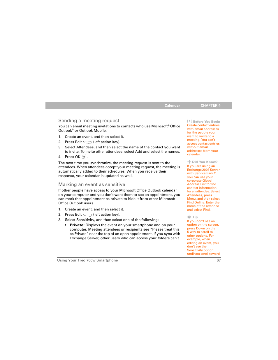 Sending a meeting request, Marking an event as sensitive | Palm 700w User Manual | Page 75 / 290