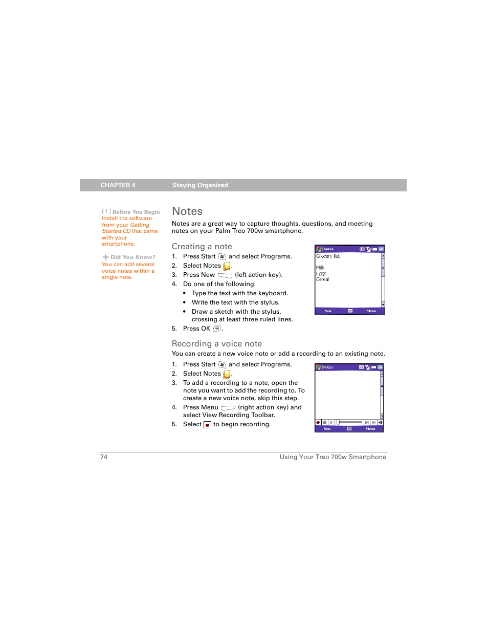 Notes, Creating a note, Recording a voice note | Palm 700w User Manual | Page 82 / 290