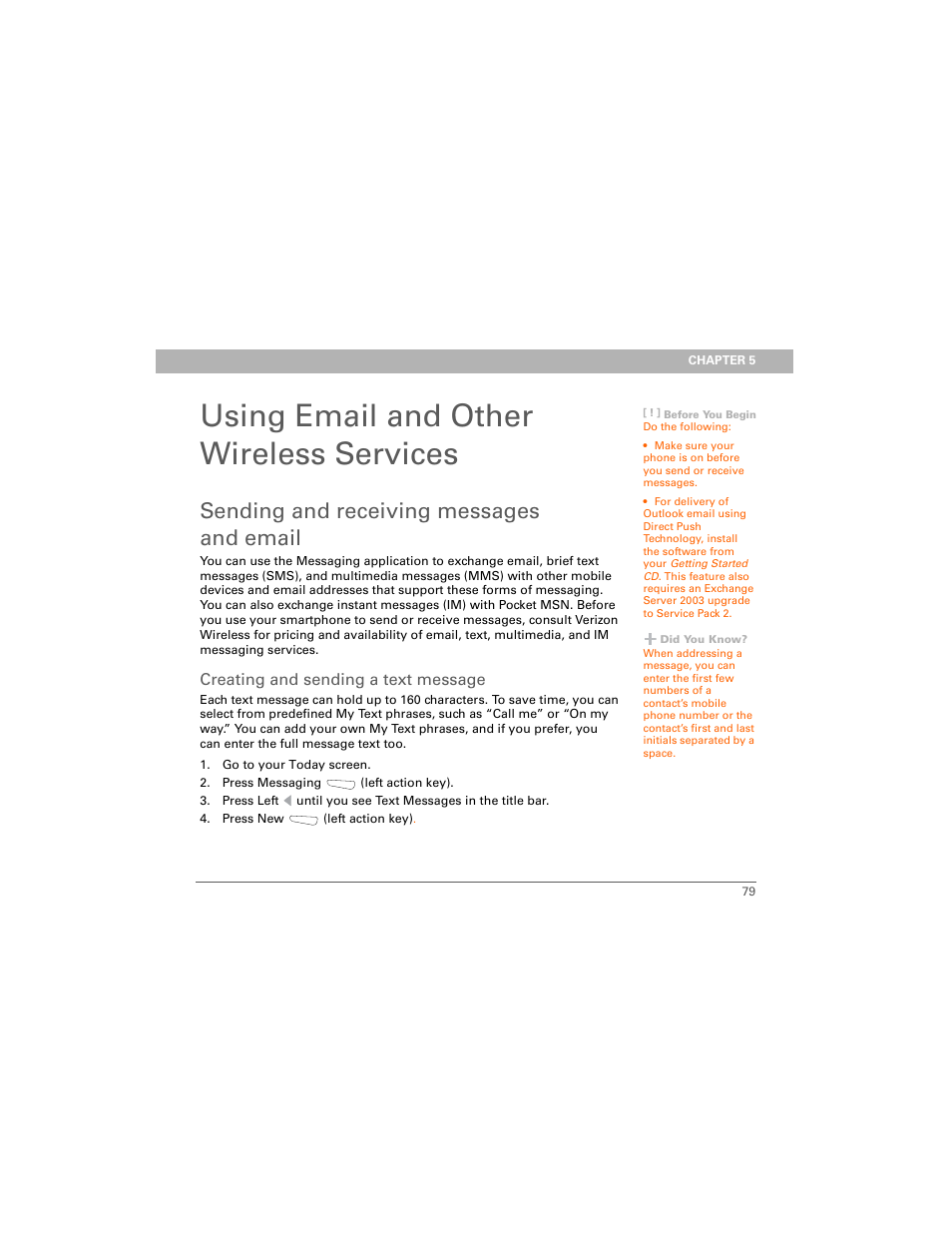 Using email and other wireless services, Sending and receiving messages and email, Creating and sending a text message | Chapter 5: using email and other wireless services | Palm 700w User Manual | Page 87 / 290