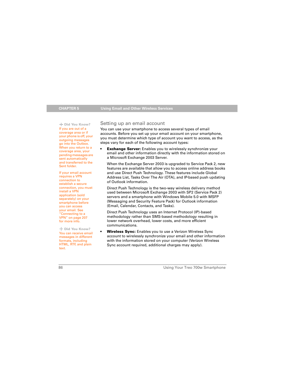 Setting up an email account | Palm 700w User Manual | Page 94 / 290