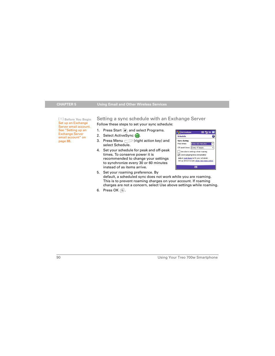 Setting a sync schedule with an exchange server | Palm 700w User Manual | Page 98 / 290