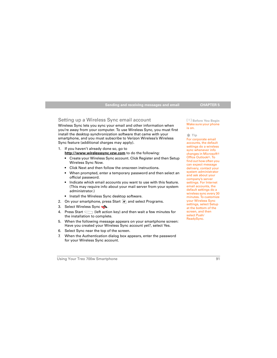 Setting up a wireless sync email account | Palm 700w User Manual | Page 99 / 290