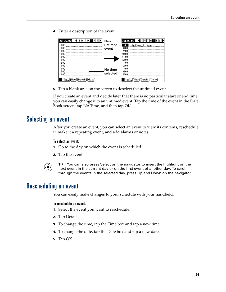 Selecting an event, To select an event, Rescheduling an event | To reschedule an event, Selecting an event rescheduling an event | Palm Tungsten T Handhelds User Manual | Page 103 / 290