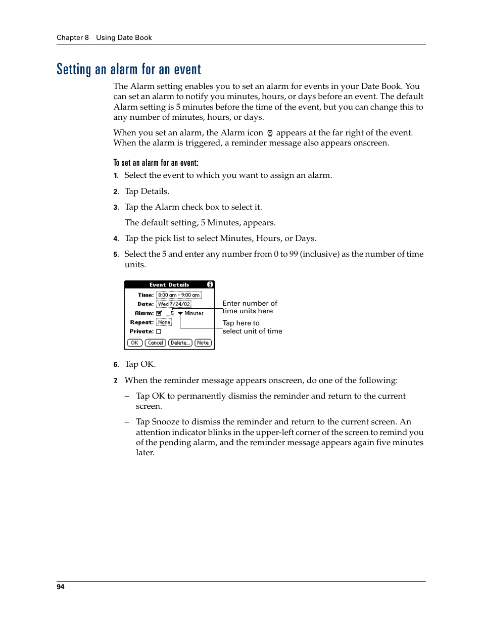 Setting an alarm for an event, To set an alarm for an event | Palm Tungsten T Handhelds User Manual | Page 104 / 290